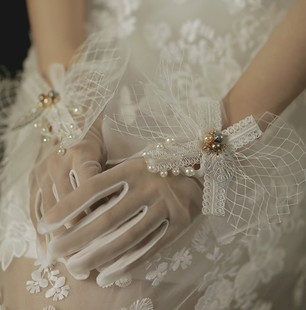 新款 手套 森系仙新娘婚纱礼服手工珍珠串珠白纱拍照半透明薄纱短款