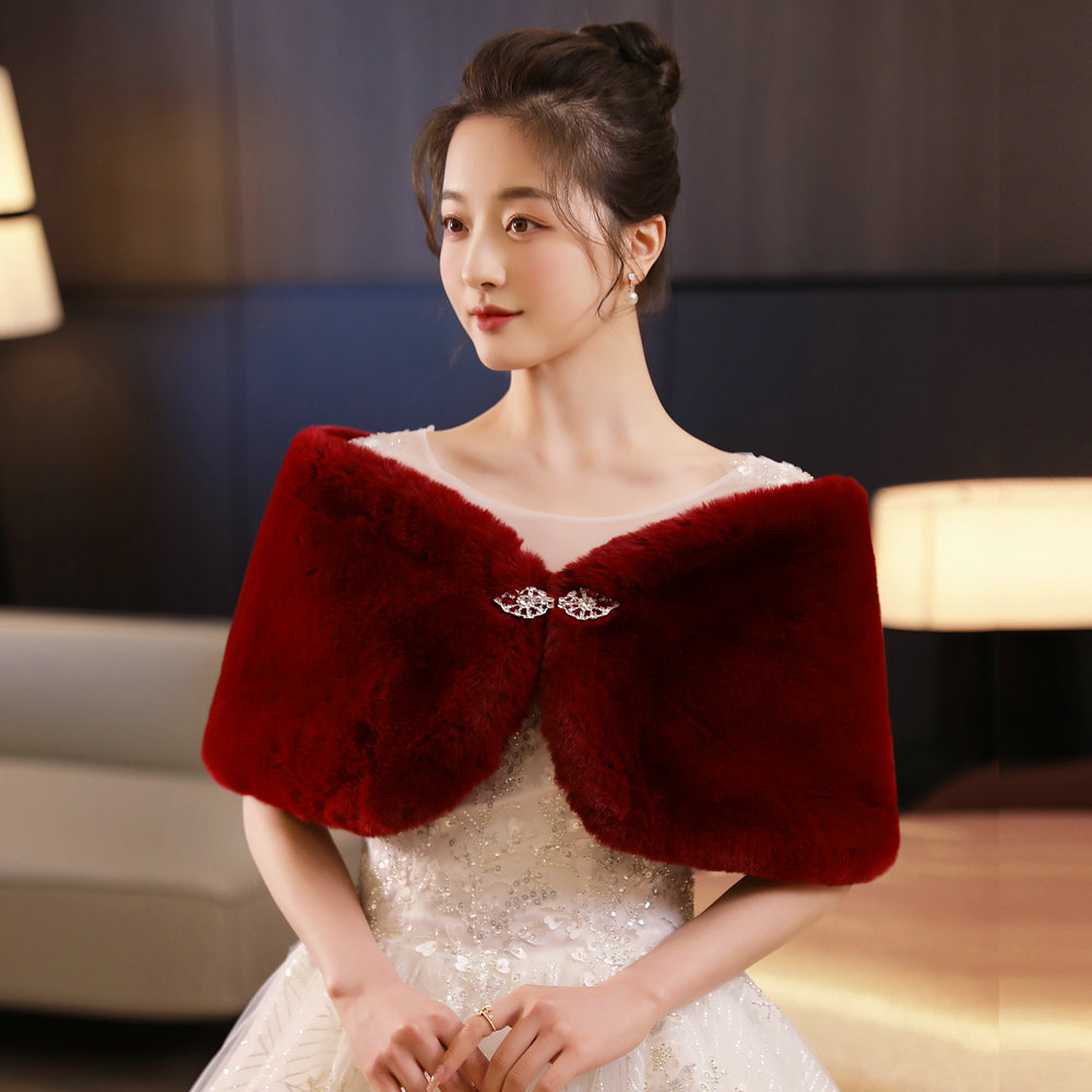 新款新娘结婚婚纱礼服毛披肩仿皮草酒红色披肩礼服旗袍披肩酒红