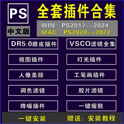 PS2024全套中文插件合集一键安装包DR5人像磨皮调色预设win/mac