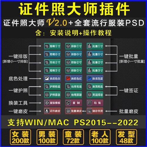 PS证件照大师插件一键剪裁排版磨皮换装换底色Win/Mac支持M12芯片