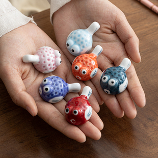 3个装 寿司餐厅筷子 创意可爱实心河豚鱼陶瓷筷子架筷枕托摆件日式