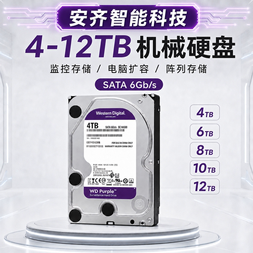 WD紫盘机械硬盘4T/6T/8T/10T/12T企业级硬盘监控录像机专用硬盘