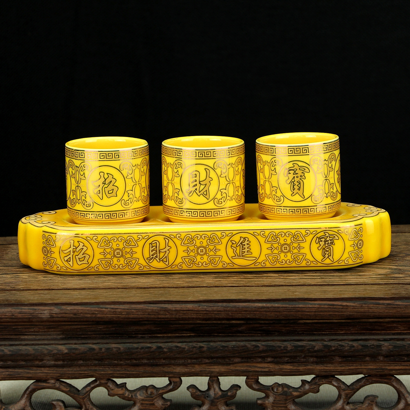 陶瓷供杯三连供水杯圣水杯家用招财进宝财神爷贡品酒杯