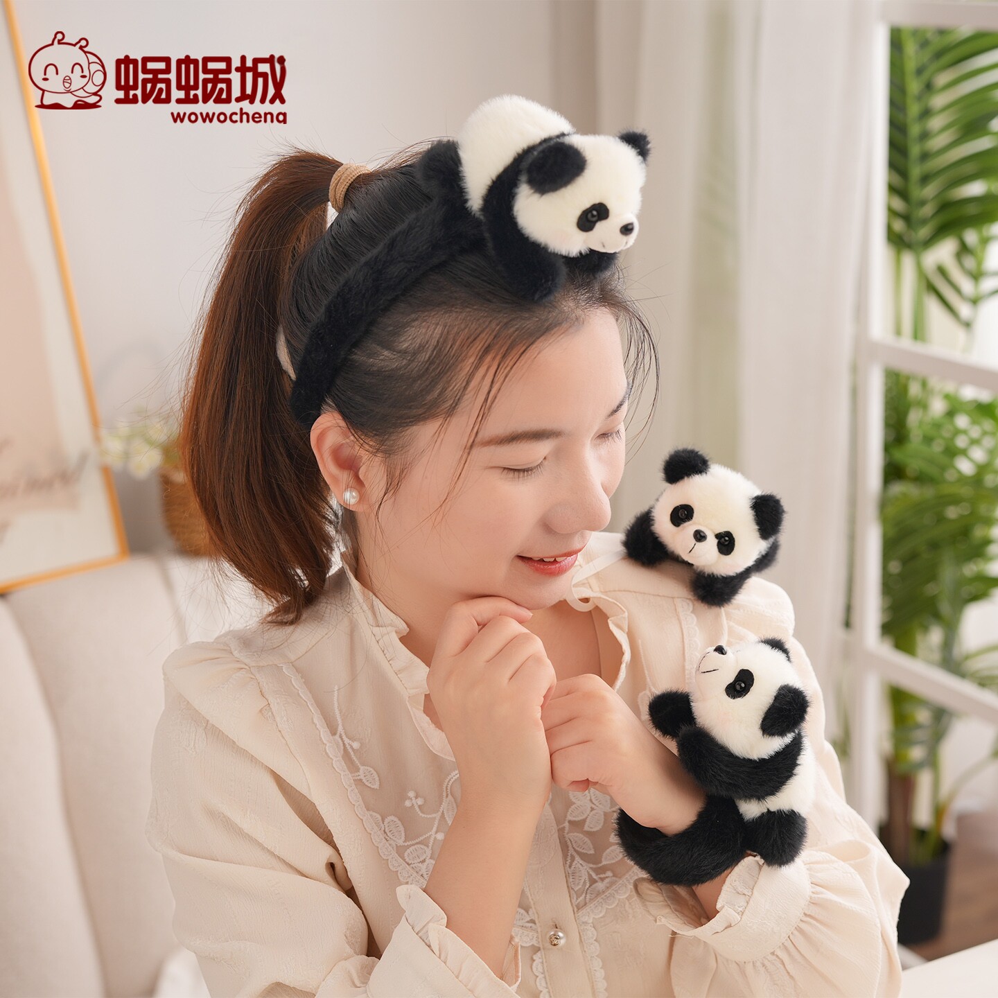 蜗蜗城磁吸站肩熊猫娃娃玩偶啪啪圈毛绒腕带发箍儿童女孩头饰发卡