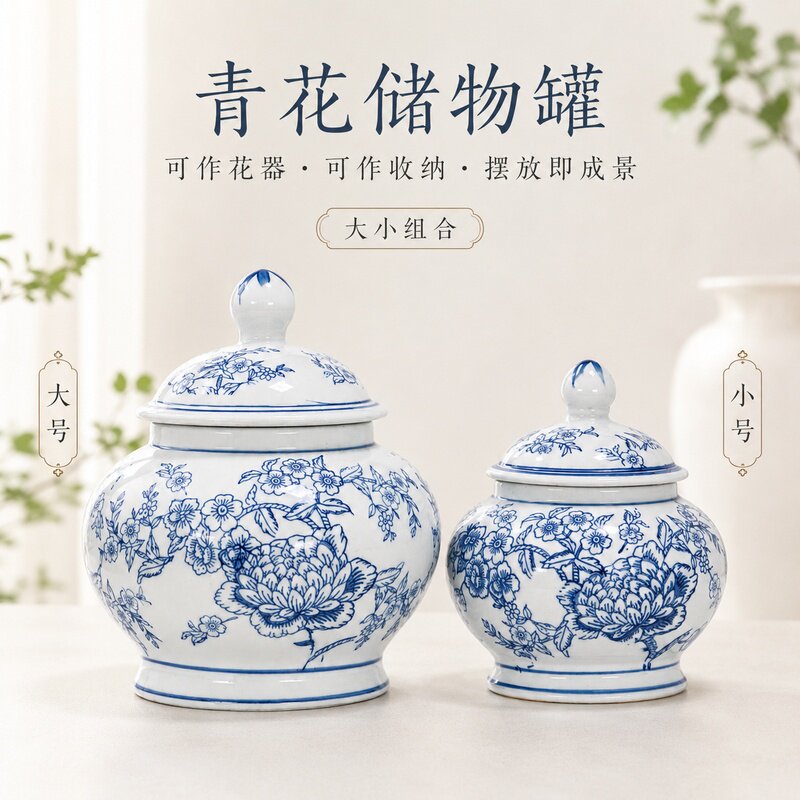 青花牡丹新中式陶瓷将军罐收纳