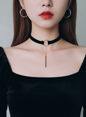 简约项链女锁骨链学生蕾丝黑色