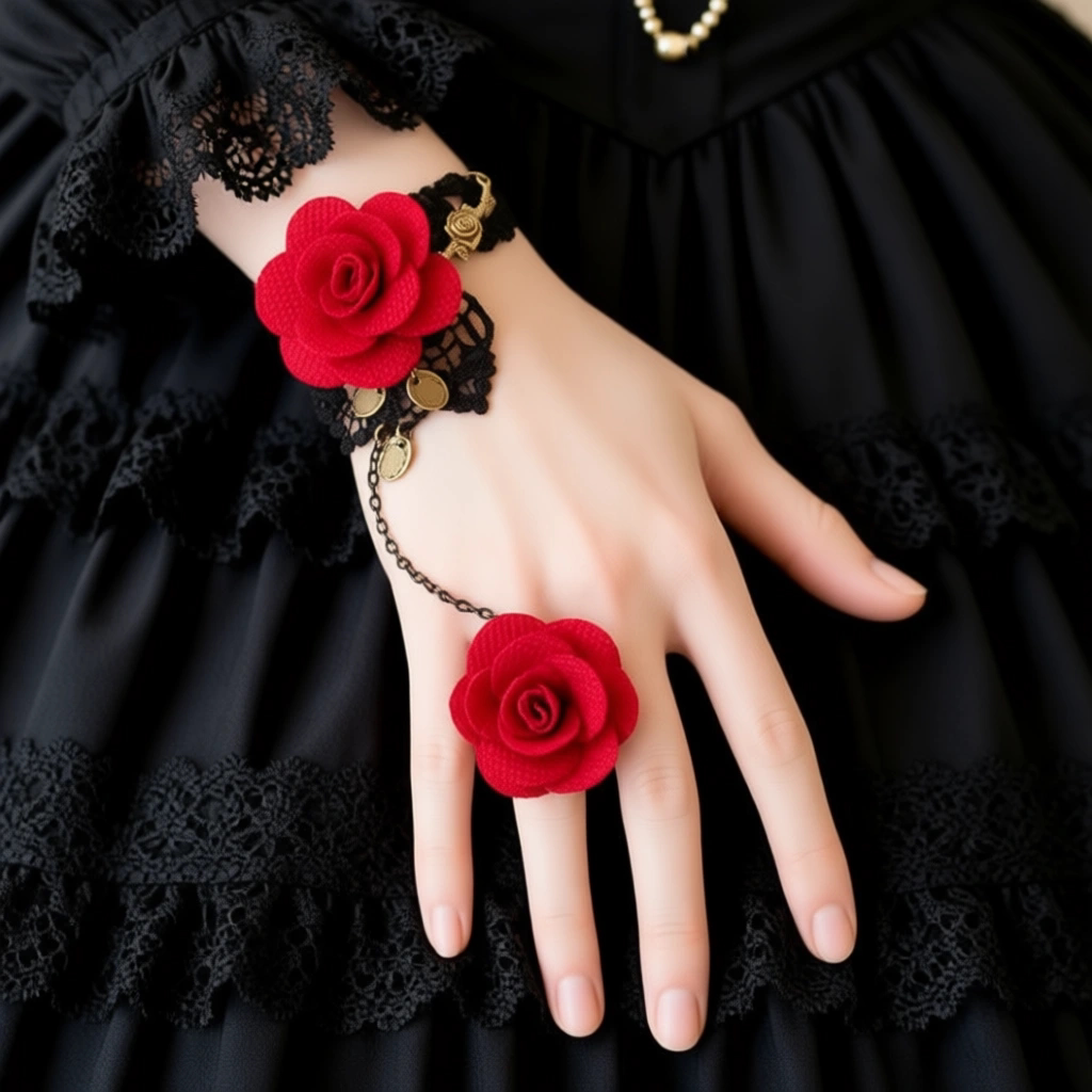 红色戒指一体链结婚表演手链装饰夸张手镯儿童洛丽塔手饰森系配饰