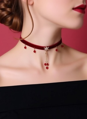 欧美跨境新款女士丝绒项圈颈链红色颈带圣诞节配饰新年choker流苏