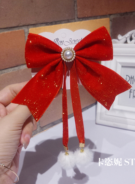 纯手工红色蝴蝶结丝绒发夹古风超仙汉服飘带后脑勺马尾夹毛球发饰