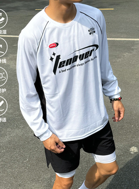 TENOVER美式穿搭拼接撞色插肩袖长袖训练服T恤健身跑步体育生秋冬