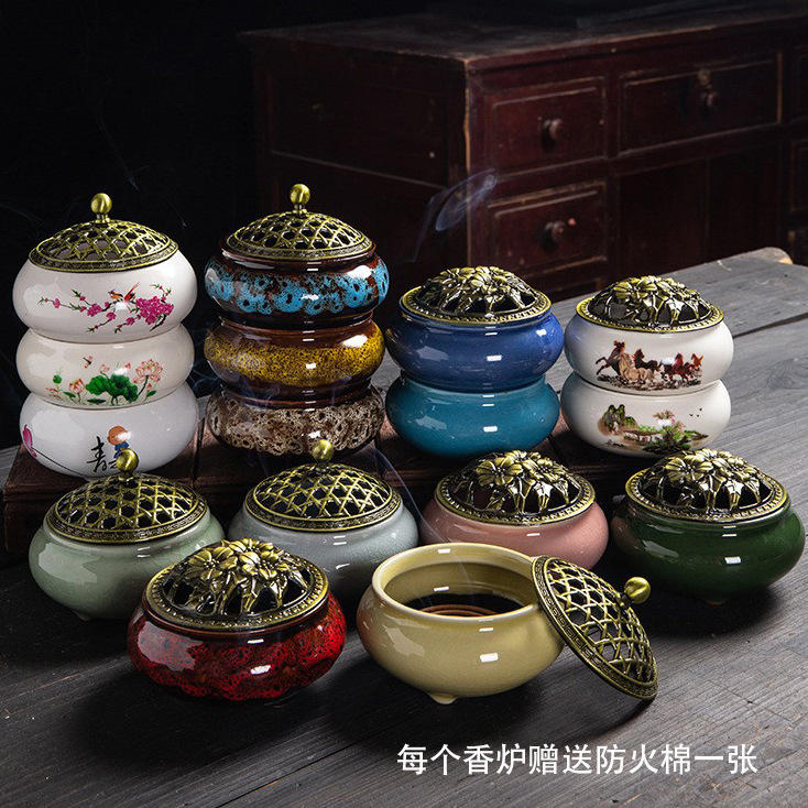 陶瓷香炉家用义乌熏香窑变哥窑香炉寺庙香薰盘塔香小号盘香炉