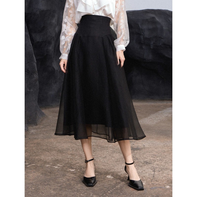 JOJO&WLFSLL法式女装2025秋季新款肌理感纱裙高腰打褶A字半身长裙