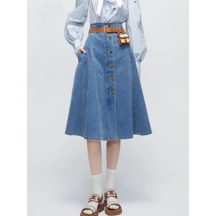 JOJO&WLFSLL法式 2025度假风复古铜扣水洗牛仔高腰A字半身长裙 女装