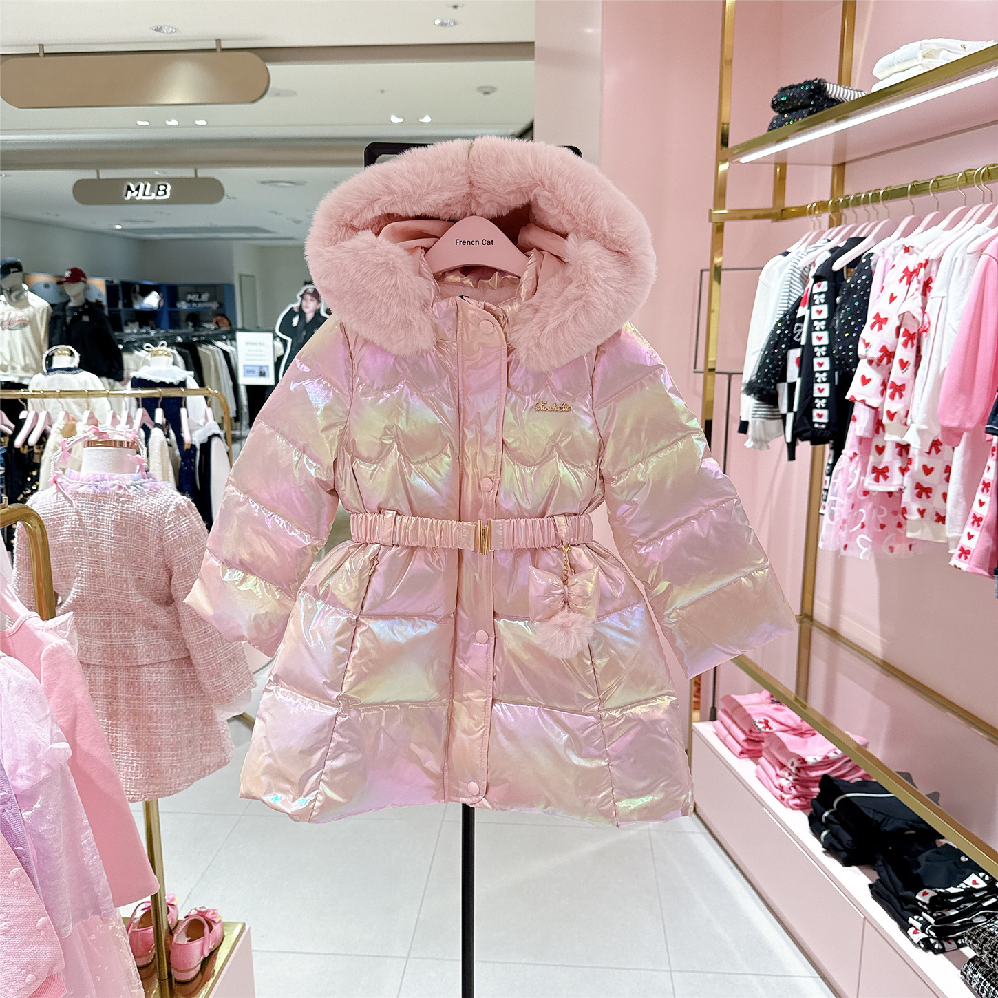 80%鸭绒FRENCH CAT法猫女童镭射连帽羽绒服韩国代购25冬毛领外套
