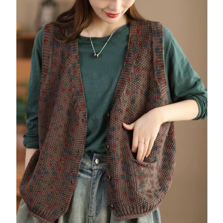 高端外贸出口尾单花色断染炒色针织马甲女宽松无袖背心文艺马甲