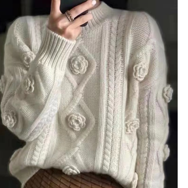 2025立体玫瑰钩花麻花羊绒套头毛衣女春季新款慵懒风套头针织衫潮