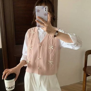 毛衣 甜美蝴蝶结钉珠针织衫 马甲早秋新款 无袖 坎肩V领叠穿背心开衫