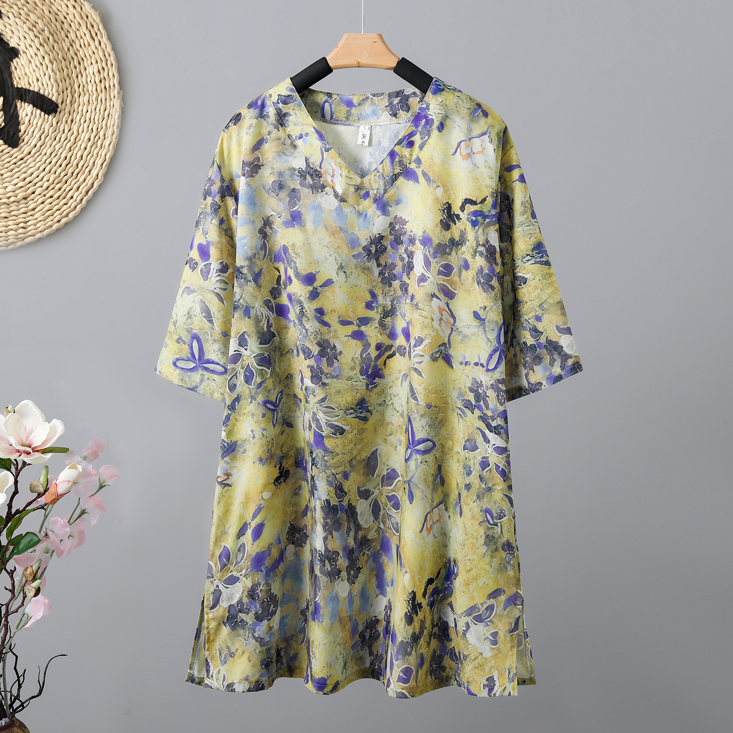 清仓捡漏~专柜撤回大牌外贸苎麻印花衬衫宽松V领中长款文艺衬衫裙