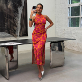 露肩旗袍花卉印花长裙开叉收腰提花中长款 新中式 复古风立领无袖