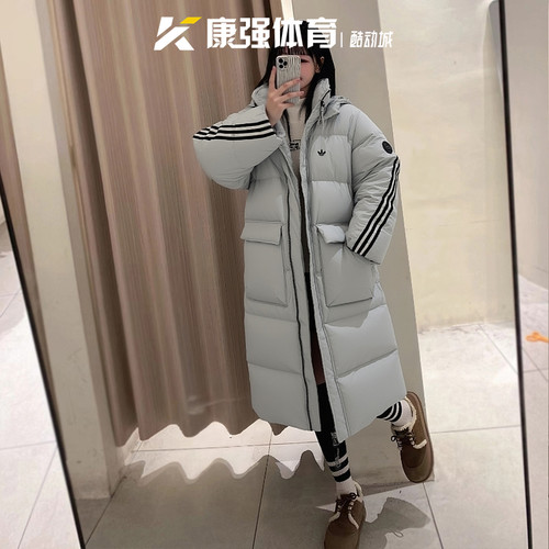 阿迪达斯三叶草男女装加厚防风保暖连帽运动中长款羽绒服KC2566