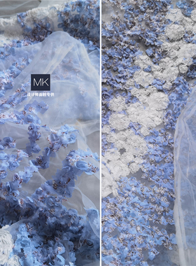 蓝色优雅绽放盘花绣花 创意婚纱礼服背景布DIY手工服设计师面料