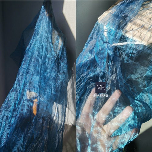 玻璃纱绿精灵肌理压褶透视水光中软欧根纱礼服面料蓬蓬纱裙料布料