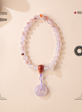 净莲梵尘 10mm淡紫色朱砂点玛瑙27颗手持念珠 南红三通佛塔佛珠SF