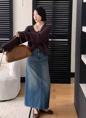 2025秋欧货爆款小松菜25860韩版四面弹后开叉半身长裙牛仔裙女