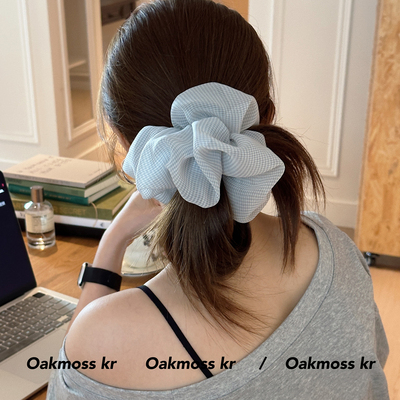 韩国欧尼同款细格纹轻纱大肠发圈高级感百搭慵懒马尾头绳皮筋发饰