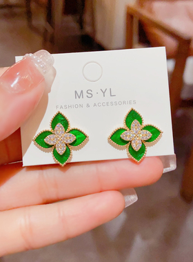 夏天绿色四叶草花朵耳钉大牌设计复古国风耳环2025年新款潮耳饰女