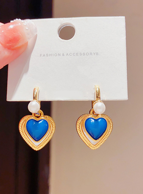 欧美ins复古蓝色爱心耳环轻奢小众设计感耳坠可拆卸多种戴法耳圈
