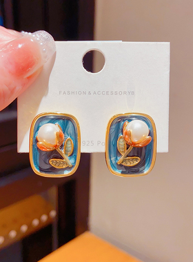 新中式复古夸张耳钉银针油画国风蓝色中古优雅珍珠耳环女小众耳饰