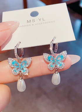 超闪锆石蓝色蝴蝶珍珠耳环2025新款爆款高级感抖音爆款无耳洞耳夹