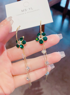 百搭绿色锆石长款流苏圆脸显瘦耳环C形圈耳饰高级感小众法式耳坠