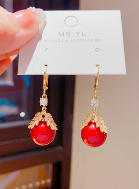 过年戴的红色珍珠耳环麦穗吊坠耳饰防丢2024年新款潮无耳洞耳夹女