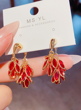 过年戴的红色锆石流苏耳环2025新款爆款高级感耳钉前后两戴耳坠女