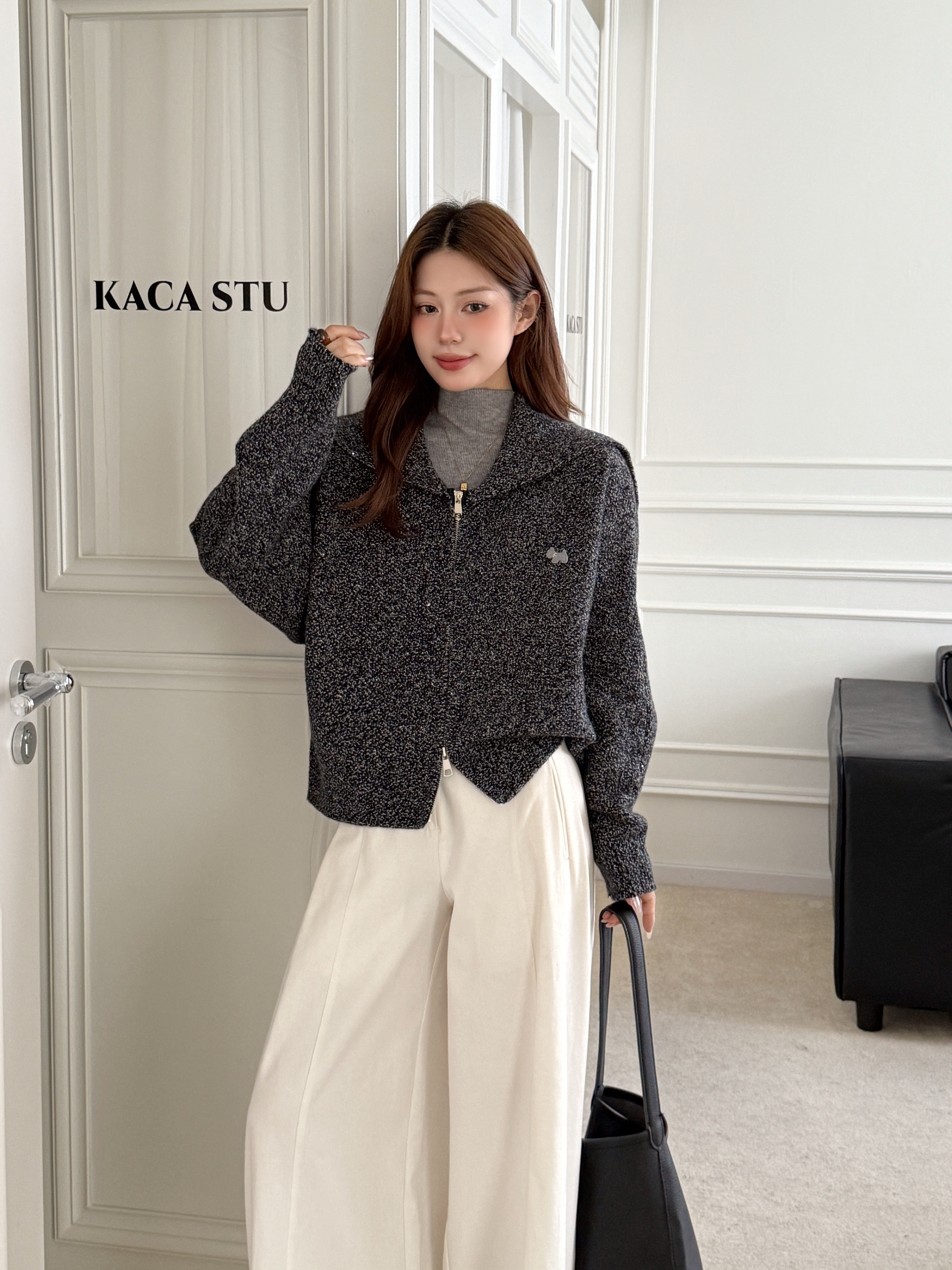 2025秋季新款韩版时尚百搭显瘦翻领长袖针织开衫女毛衣外套上衣潮