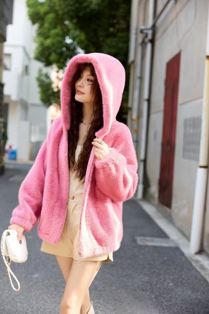 仿水貂绒环保皮草大衣外套女开衫短款拉链连帽衫宽松上衣外套厚女