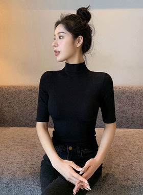 莫代尔半高领女式t恤新款夏装洋气中领五分袖上衣修身薄款半袖衫