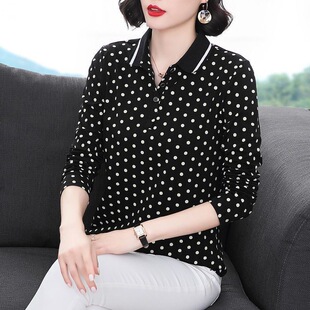 纯棉秋衣长袖t恤女黑底白点印花翻领上衣波点大码中年妈妈POLO衫
