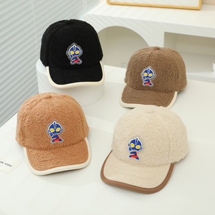 亮灯款动漫毛绒男童帽子秋冬儿童卡通棒球帽羊羔绒宝宝冬季鸭舌帽