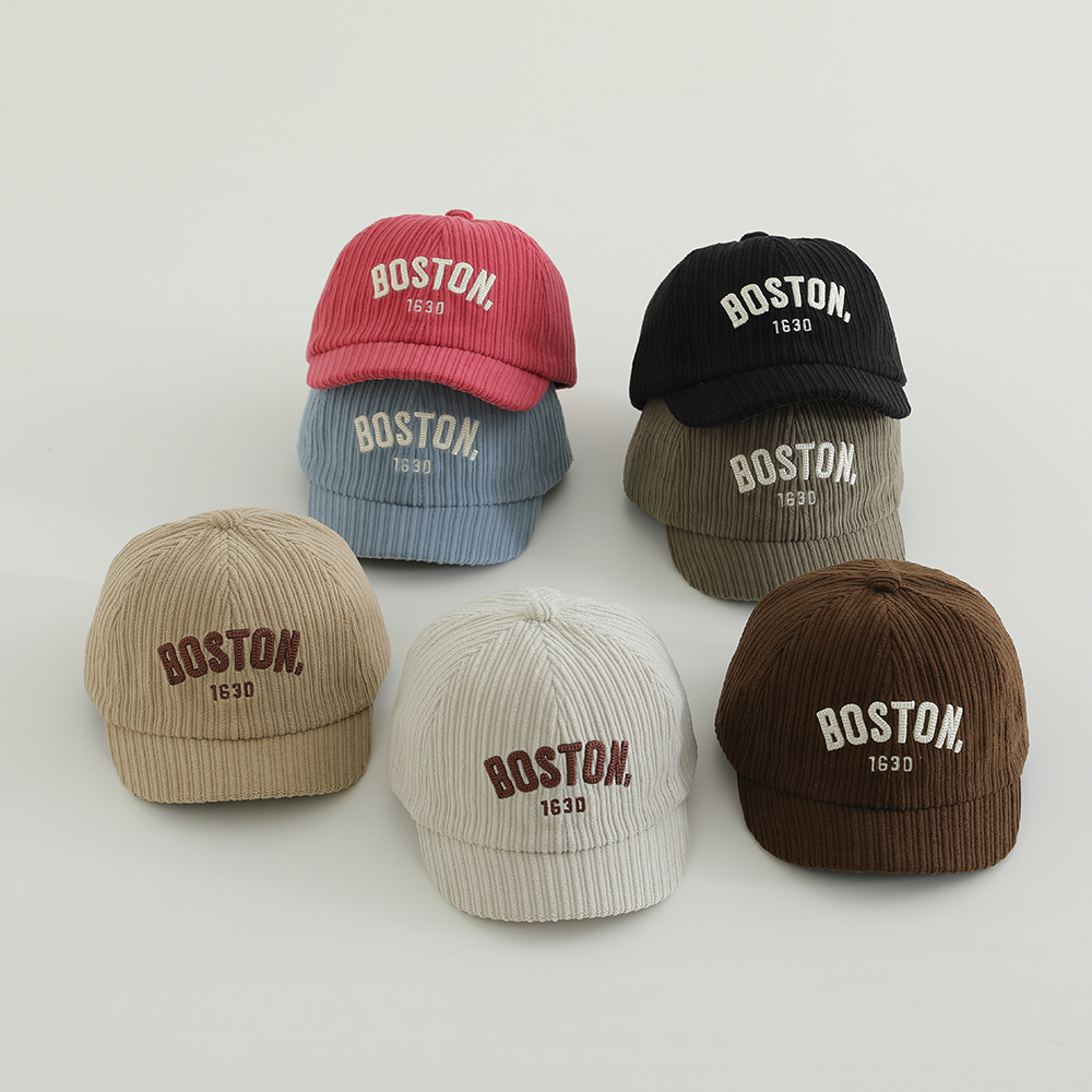 boston宝宝灯芯绒帽子秋冬棒球帽洋气字母儿童刺绣短檐鸭舌帽韩版