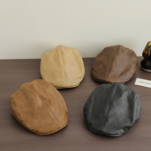 复古pu皮质儿童贝雷帽英伦风反戴前进帽男童户外防晒帽女童报童帽