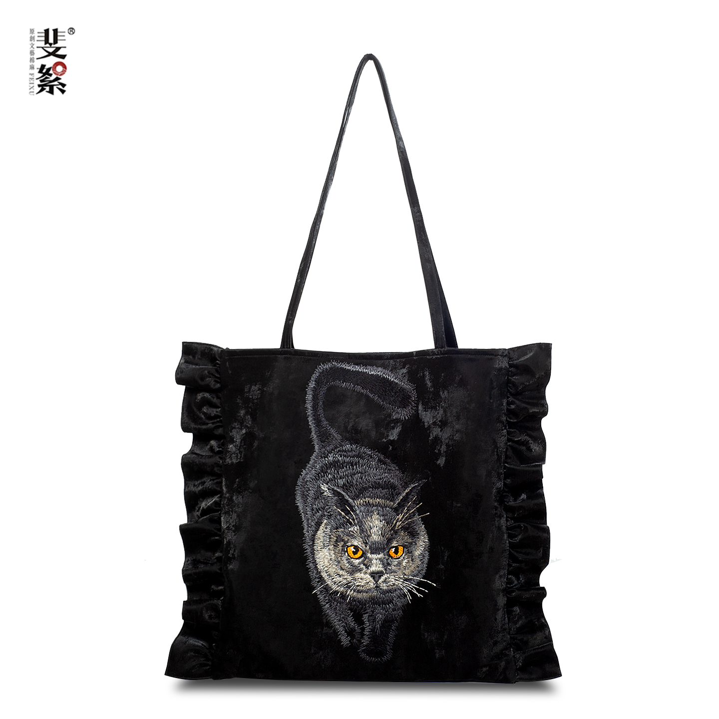 斐絮原创斐絮原创刺绣猫咪写实风单肩包丝光棉大容量通勤包电脑包