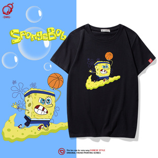 欧文5海绵宝宝短袖t恤男联名派大星夏季半袖情侣装ins潮纯棉宽松