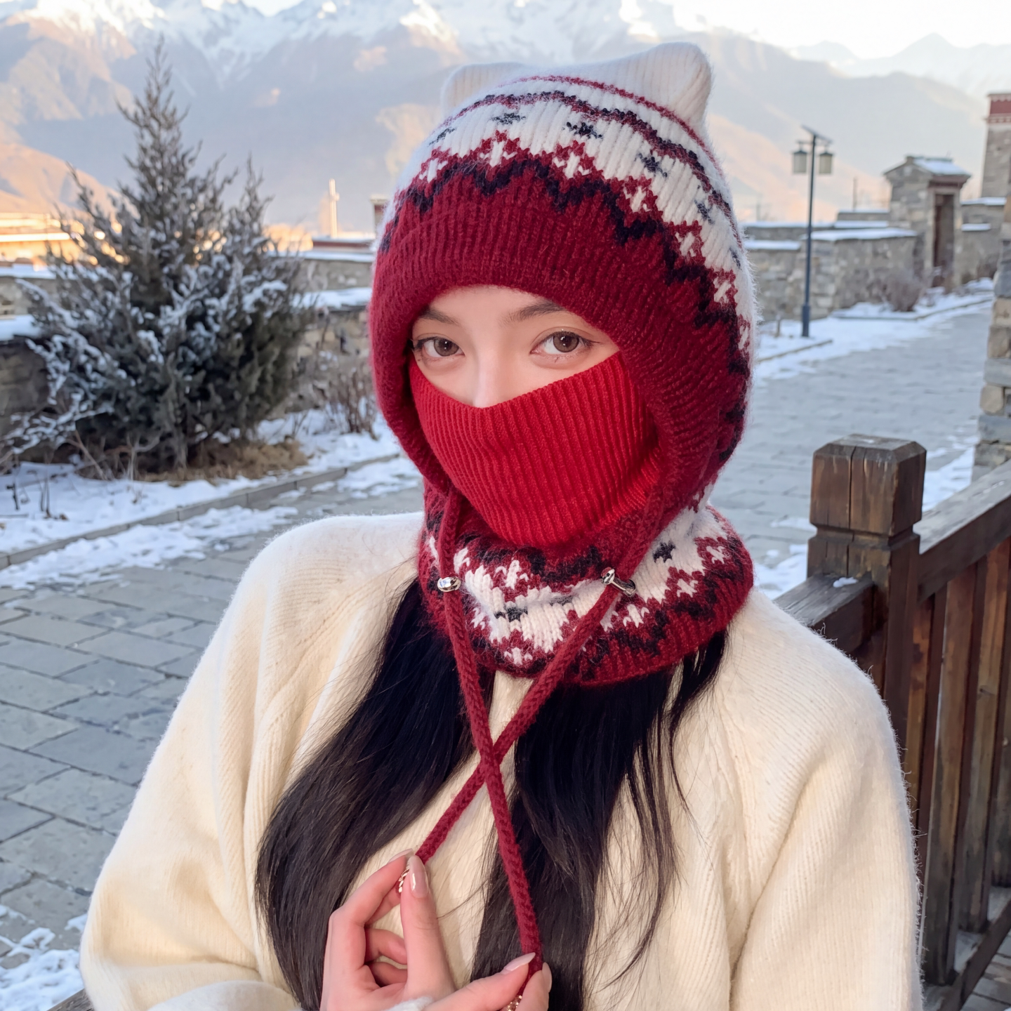 费尔岛提花连体针织帽女冬季保暖护耳毛线雷锋帽遮脸护脖颈一体帽