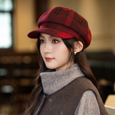 八角帽子女2025新款秋冬季格子复古鸭舌帽显脸小贝雷帽保暖画家帽