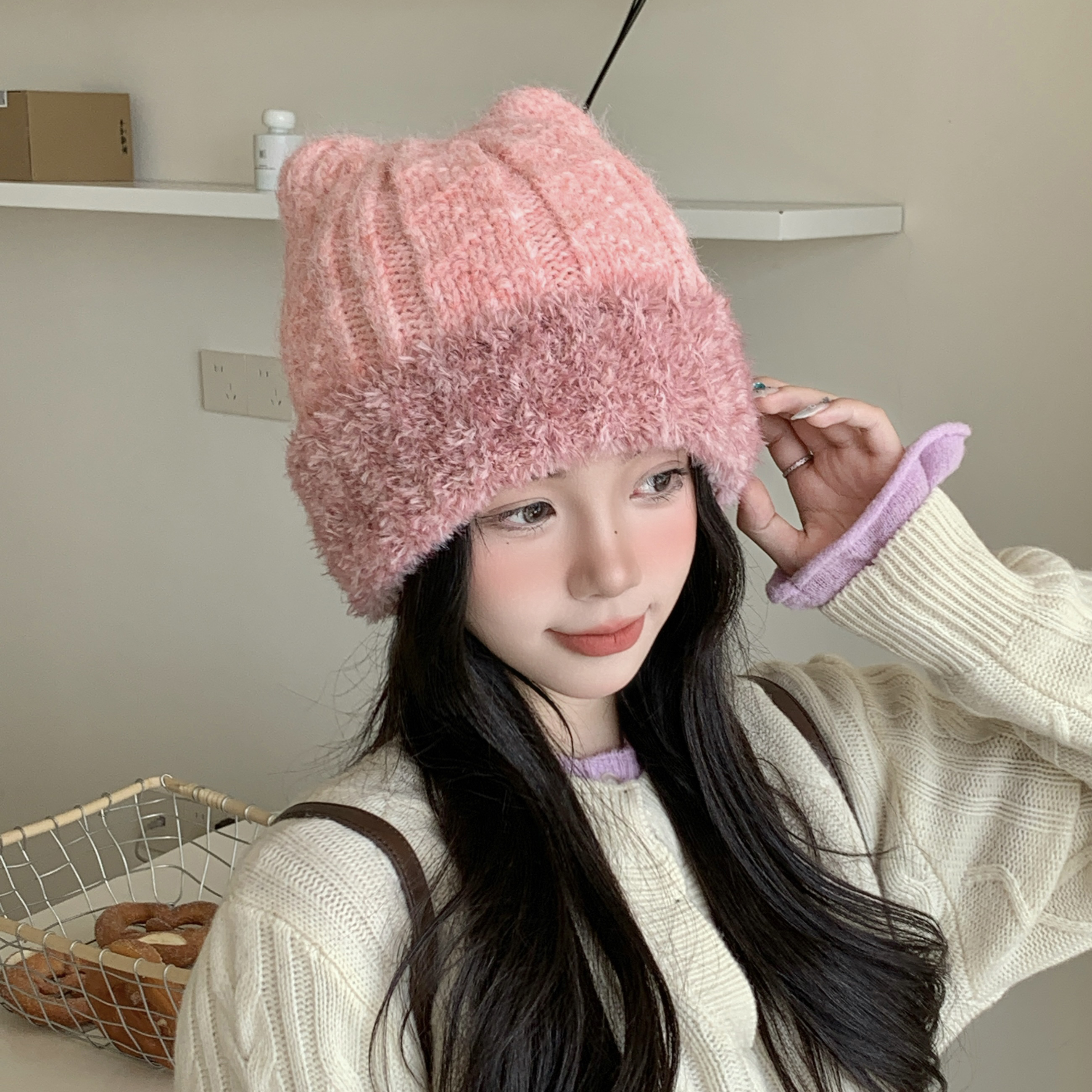 帽子女秋冬季甜美可爱猫耳朵针织毛线帽加厚保暖帽户外防寒包头帽