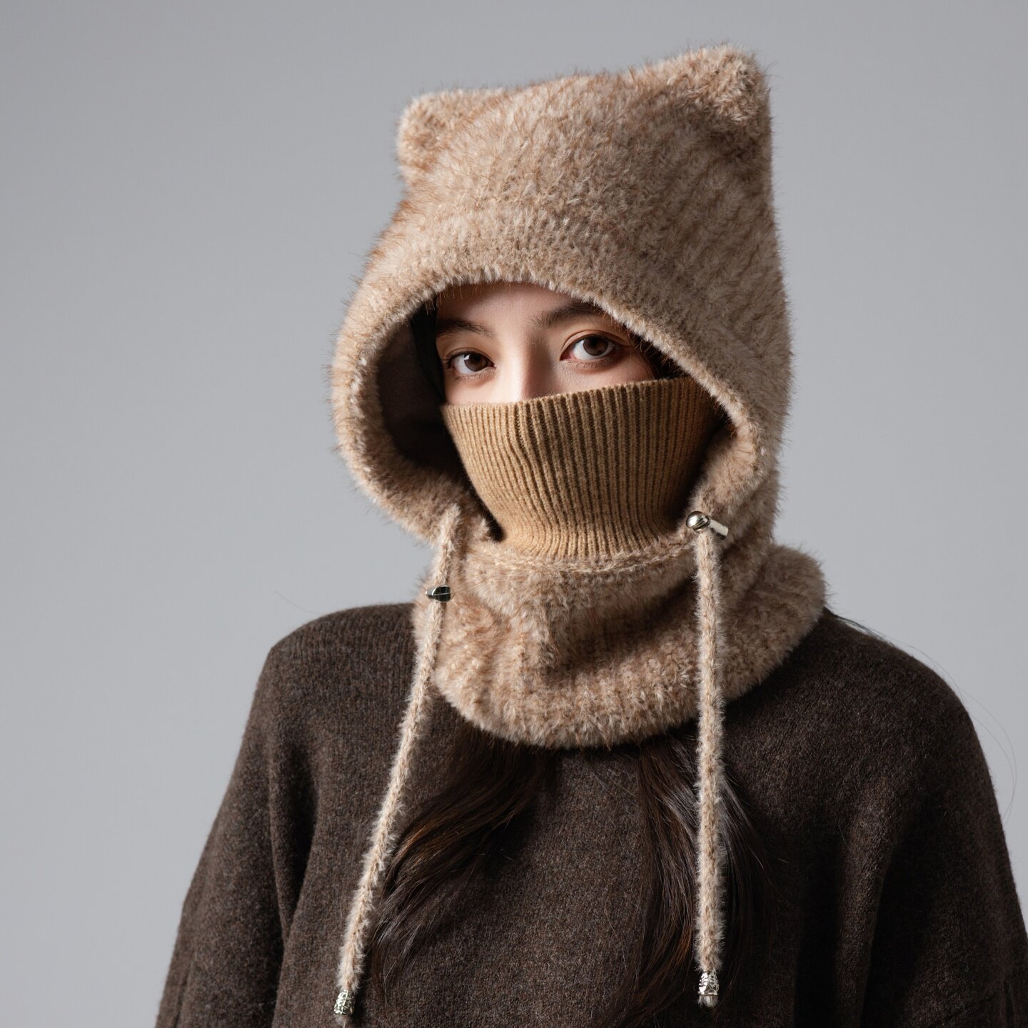 可爱小熊耳朵一体帽冬季女护耳帽子显脸小大头围保暖毛线帽雷锋帽