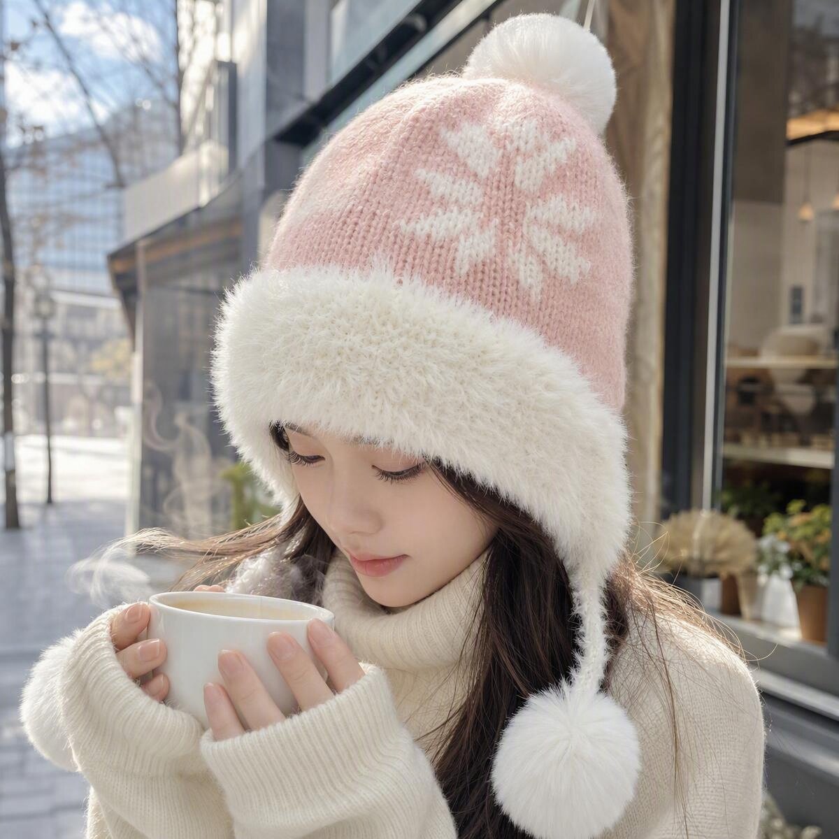 针织毛线帽女秋冬保暖护耳毛球帽显脸小提花户外滑雪防寒雷锋帽子